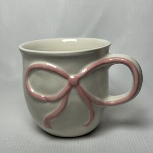 New Stoneware Mug With Pink Bow Handle, 18OZ, Microwave And Dishwasher Safe